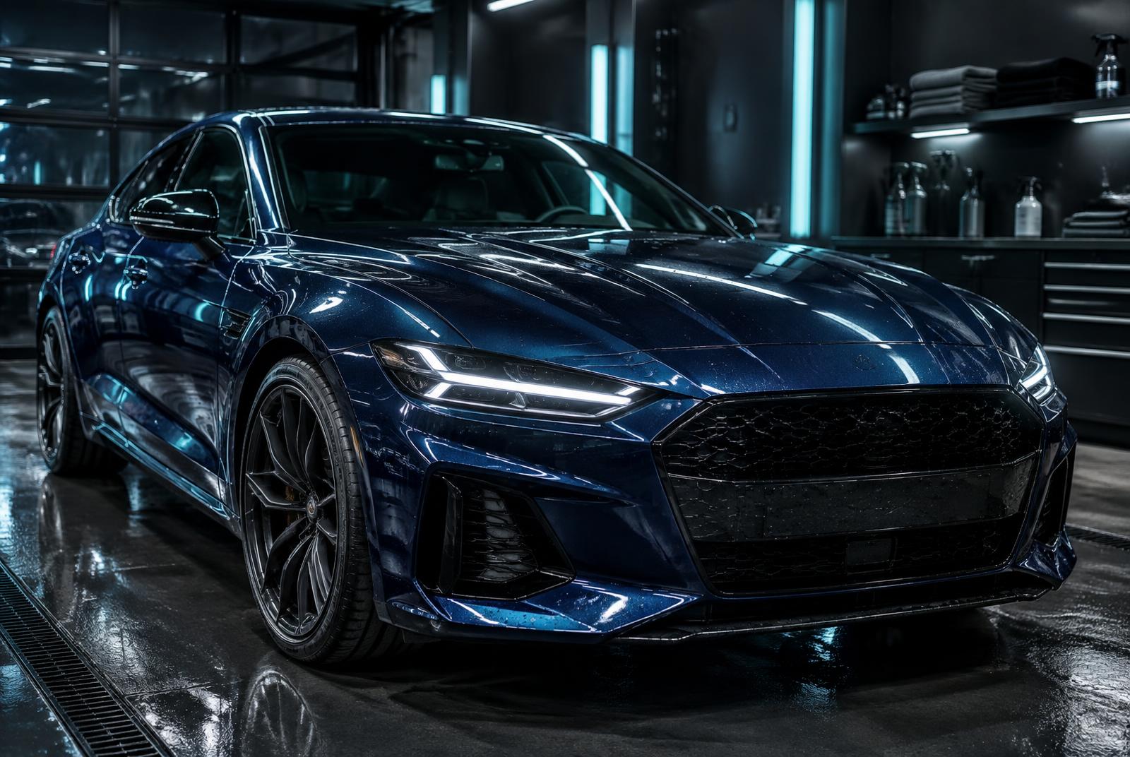 Diepblauwe auto in een professionele detailingstudio